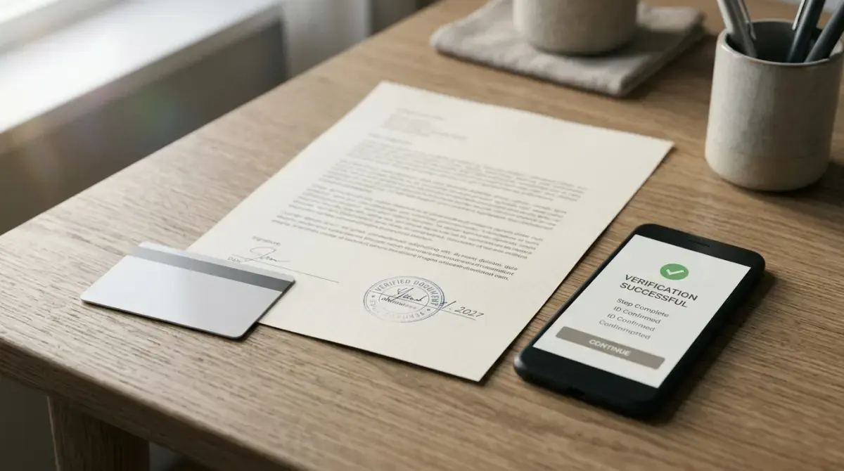 Neutrales Ausweisdokument, Papierdokument mit Stempel und ein Smartphone-Bildschirm mit unspezifischer Verifizierungs-Ansicht