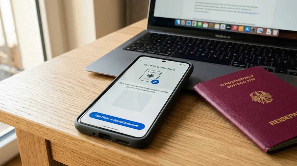 Smartphone mit KYC-Verifizierungsbildschirm und Ausweisdokument