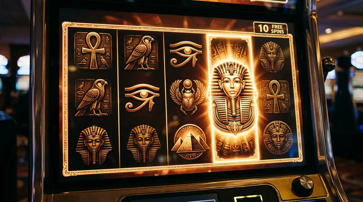 Walzenraster eines Spielautomaten mit expandierendem Symbol und Freispielanzeige