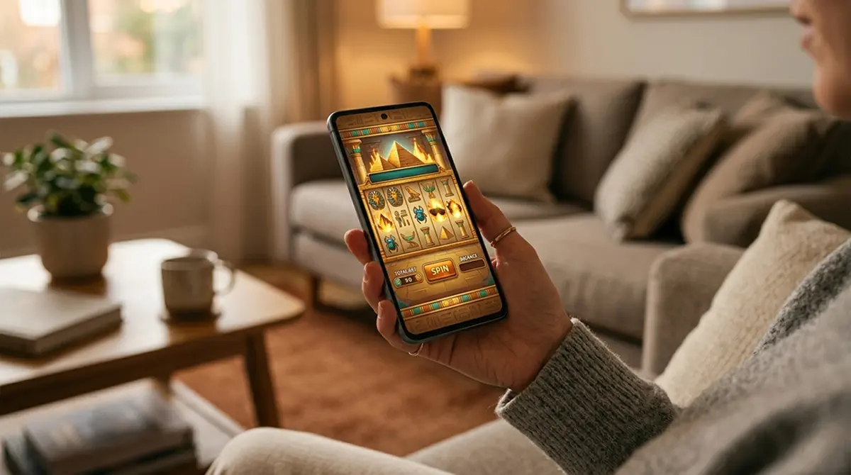 Hand hält ein Smartphone mit einem Spielautomaten in aufgeräumter Wohnzimmerumgebung