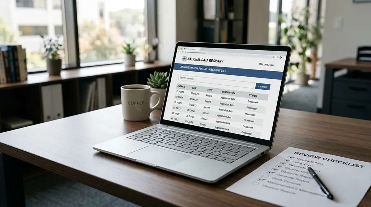 Schreibtisch mit offiziellen Lizenzunterlagen und Laptop, neutrales Casino-Interface