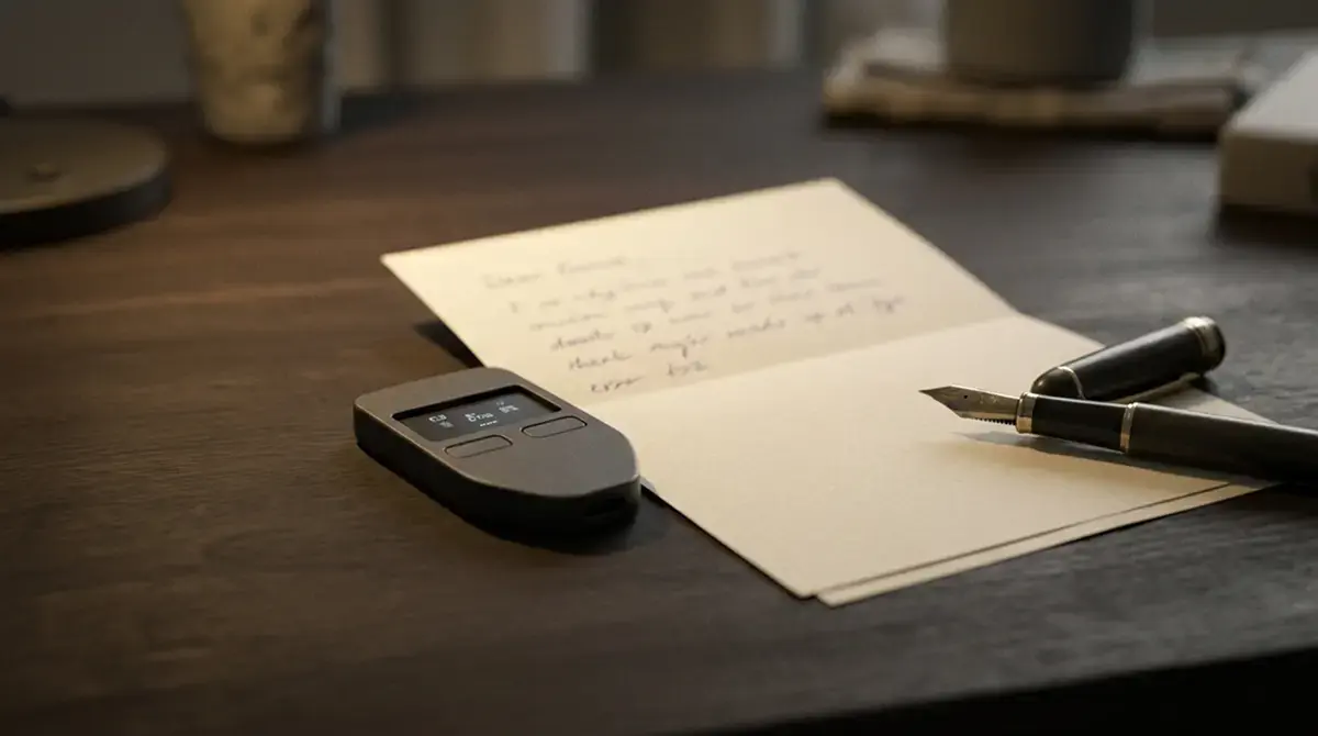 Symbolische Darstellung einer Hardware-Wallet neben einem Notizzettel mit handgeschriebenen Sicherungs-Wörtern