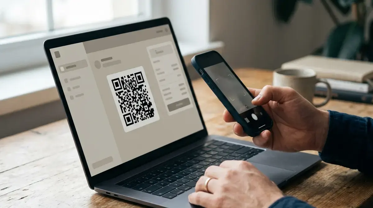 Schreibtisch mit Laptop, geöffnetem Wallet-Interface und QR-Code für eine Krypto-Empfangsadresse