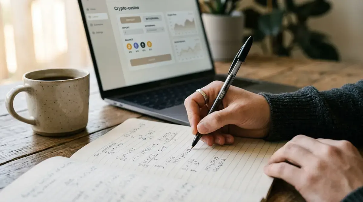 Notizblock mit handschriftlicher Bonusrechnung, Kaffeetasse und Laptop mit neutraler Casino-Kassenansicht