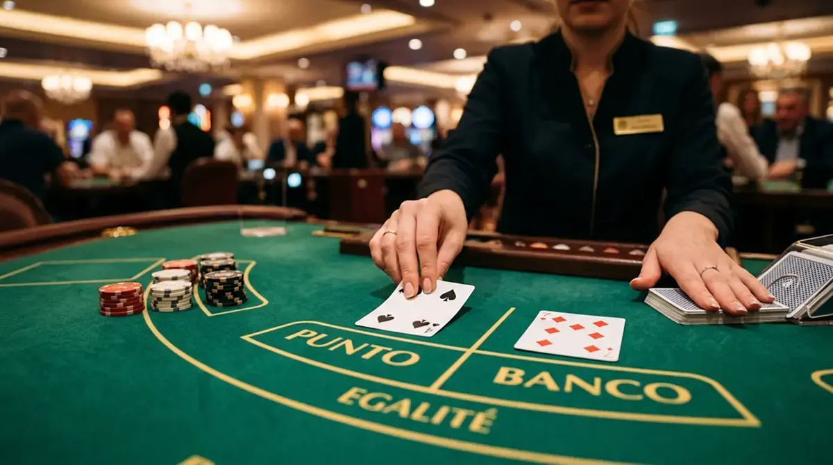 Live-Baccarat-Tisch mit Dealer, Karten und Spieler-Hand-Anzeige auf Bildschirm