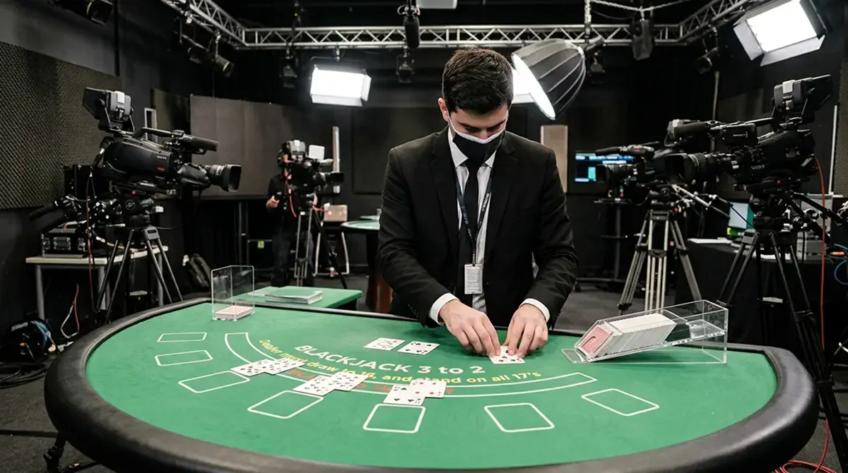 Live-Dealer an professionellem Blackjack-Tisch mit Kameras und Studio-Beleuchtung im Hintergrund
