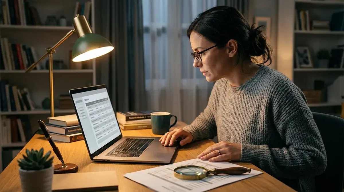 Person prüft am Laptop eine amtliche Anbieterliste mit einer Lupe