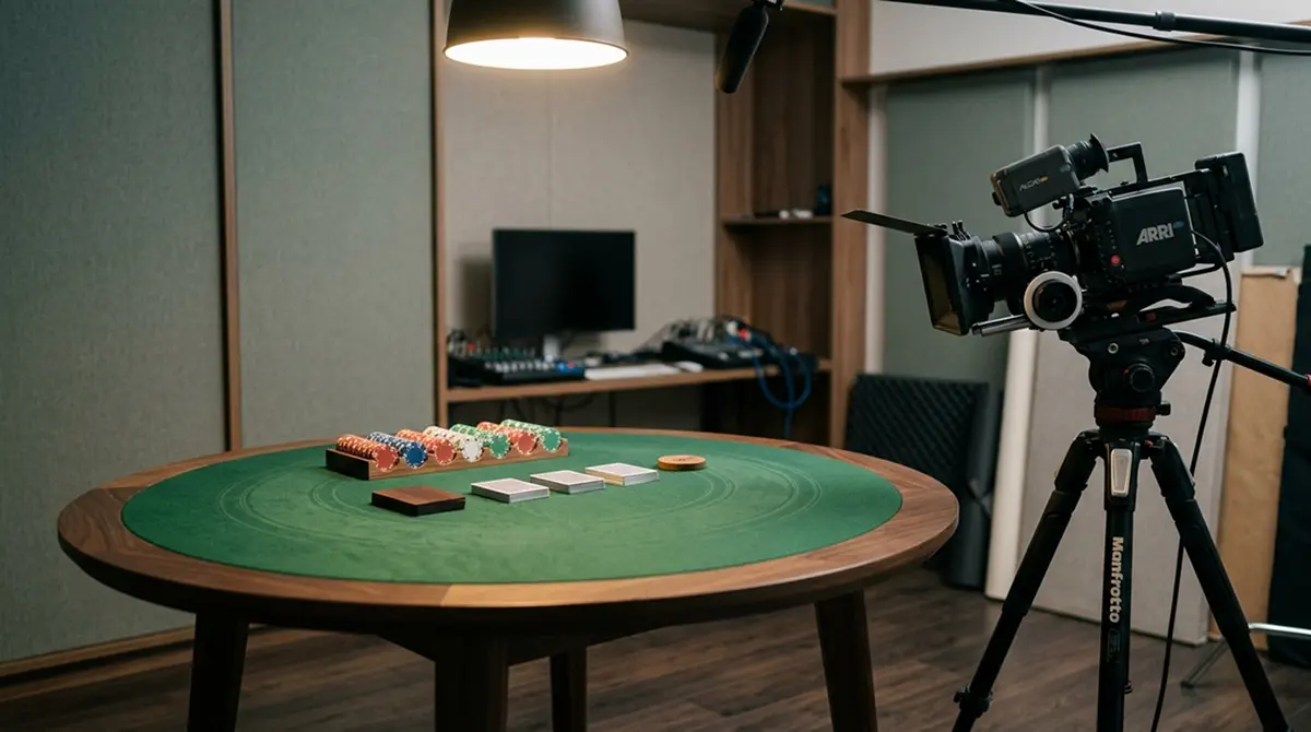 Neutrale Studio-Ansicht mit einem Roulette-Tisch und einer Kamera im weichen Studiolicht ohne erkennbare Personen
