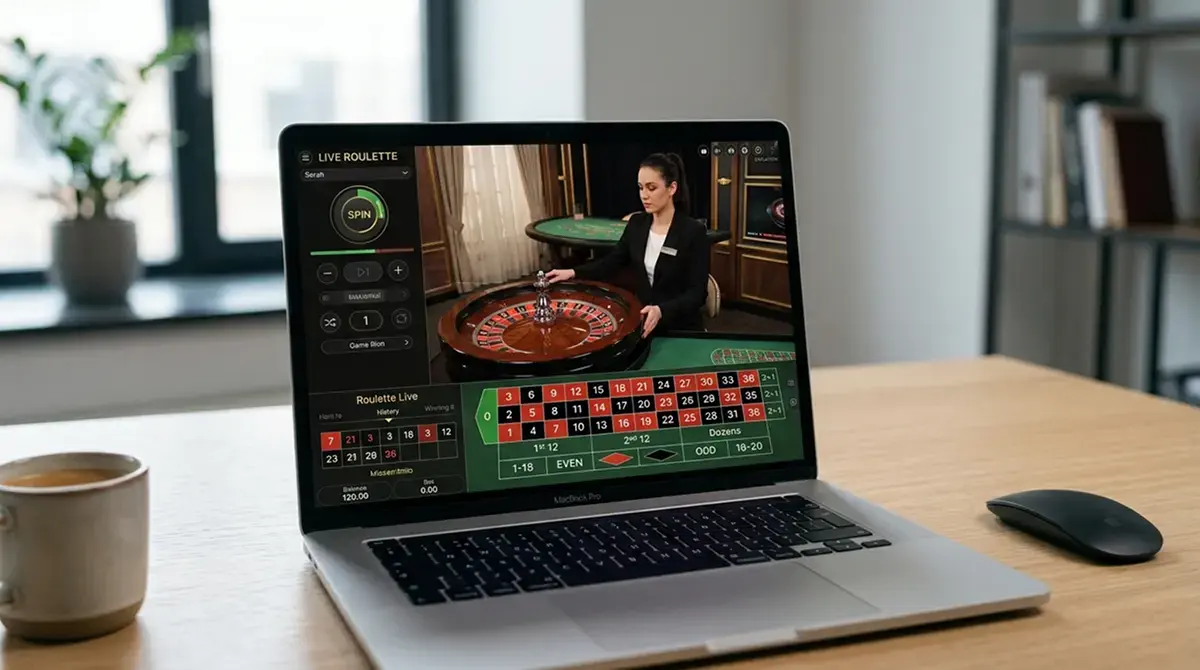 Laptop mit Evolution Gaming Live-Dealer-Tisch auf dem Bildschirm