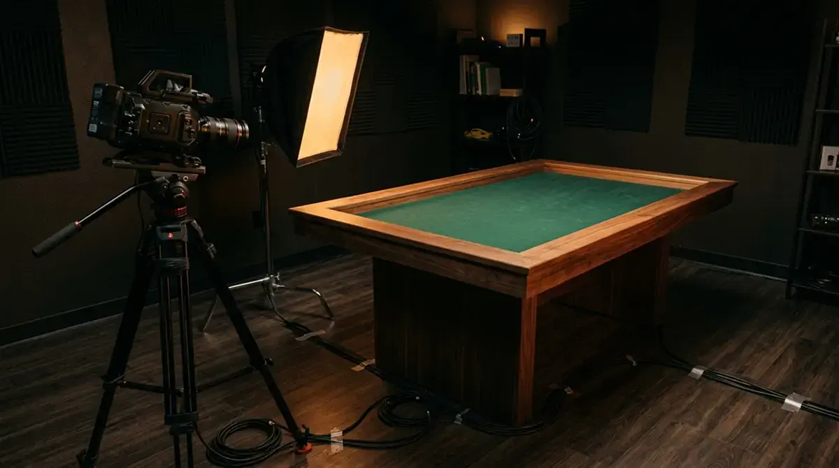 Studioaufbau mit Kamera und Scheinwerfer vor einem leeren Spieltisch aus dunklem Holz