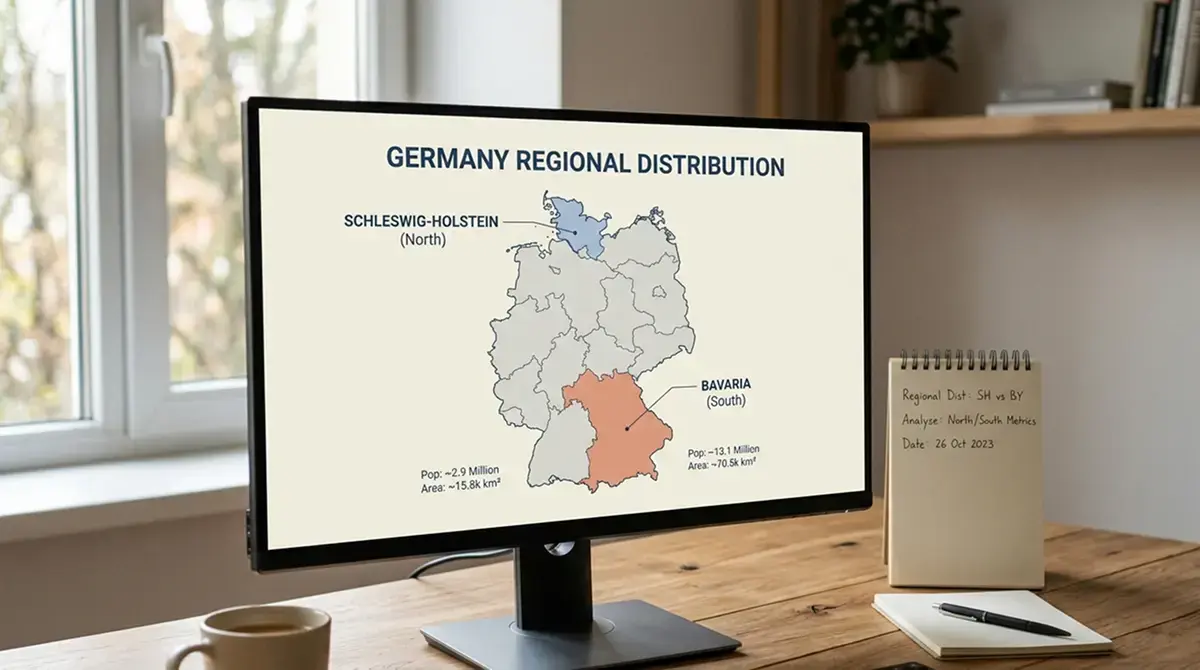 Ein Bildschirm mit einer stilisierten Landkarte-Ansicht Deutschlands und markierten Regionen auf einem ruhigen Schreibtisch
