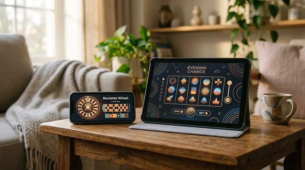 Ein Tablet nebst einem Smartphone auf einem Wohnzimmer-Tisch, beide zeigen neutrale abstrakte Casino-Interfaces ohne Marken-Logos