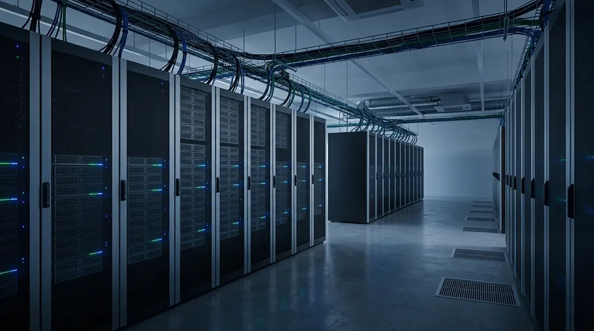 Symbolische Darstellung einer zentralen Limitdatei als Serverraum mit Datenströmen zu mehreren Casino-Symbolen