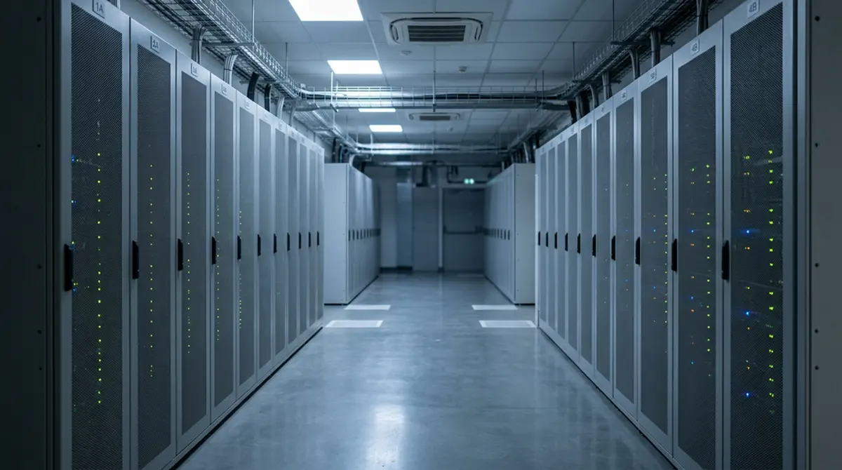 Serverschrank einer zentralen Aufsichtsdatenbank in einem nüchternen Rechenzentrum