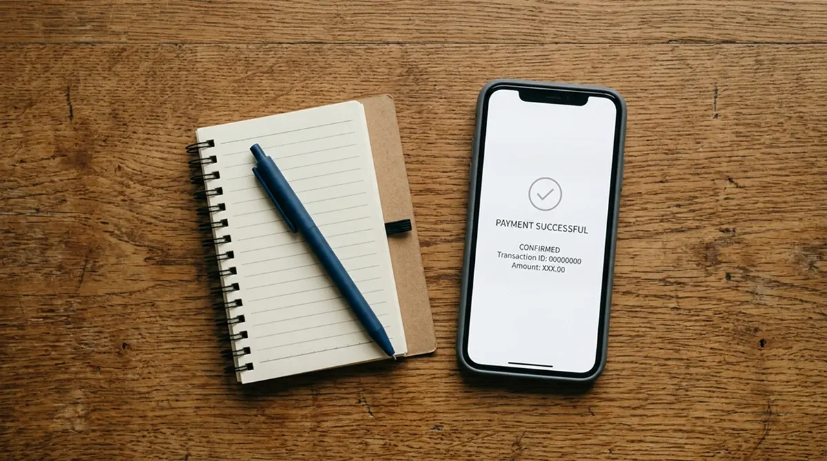 Smartphone mit neutraler Bezahlansicht neben Notizblock auf einem Schreibtisch