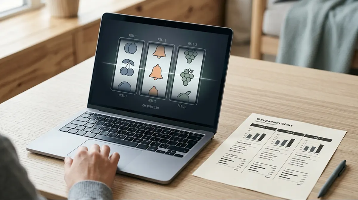 Nahaufnahme eines Laptop-Bildschirms mit einer klassischen Fruit-Slot-Walze und dem stilisierten Rahmen einer Demo-Session