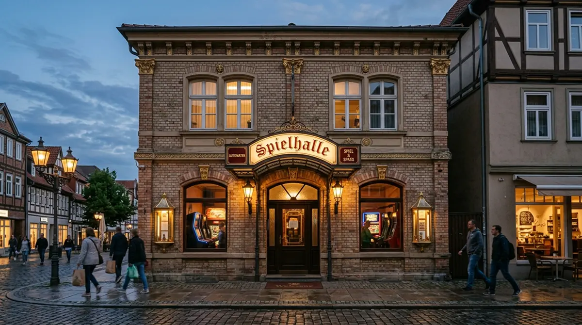Stilisierte Spielbankfassade mit GGL-Logo und Hinweis auf deutsche Lizenz