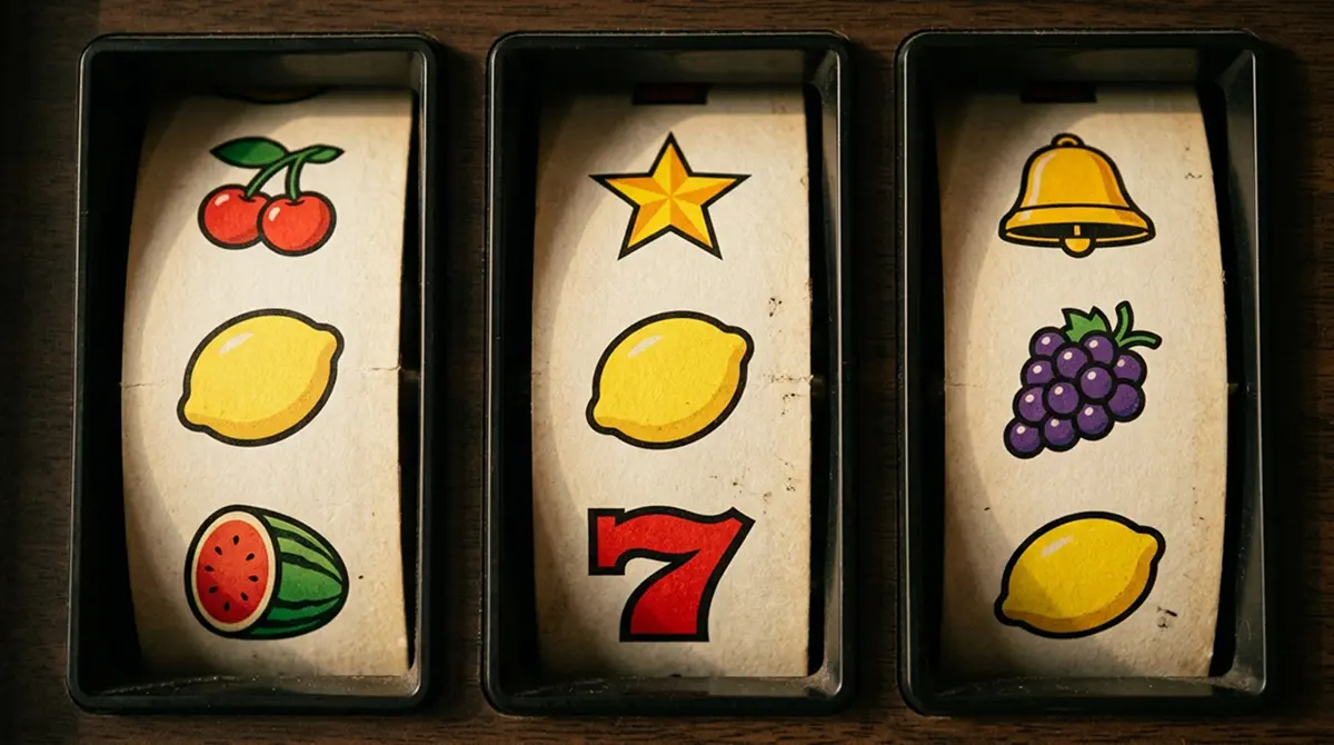 Walzen mit einfachen Symbolen ohne Markenzeichen als Sinnbild für klassische Automatenspiele