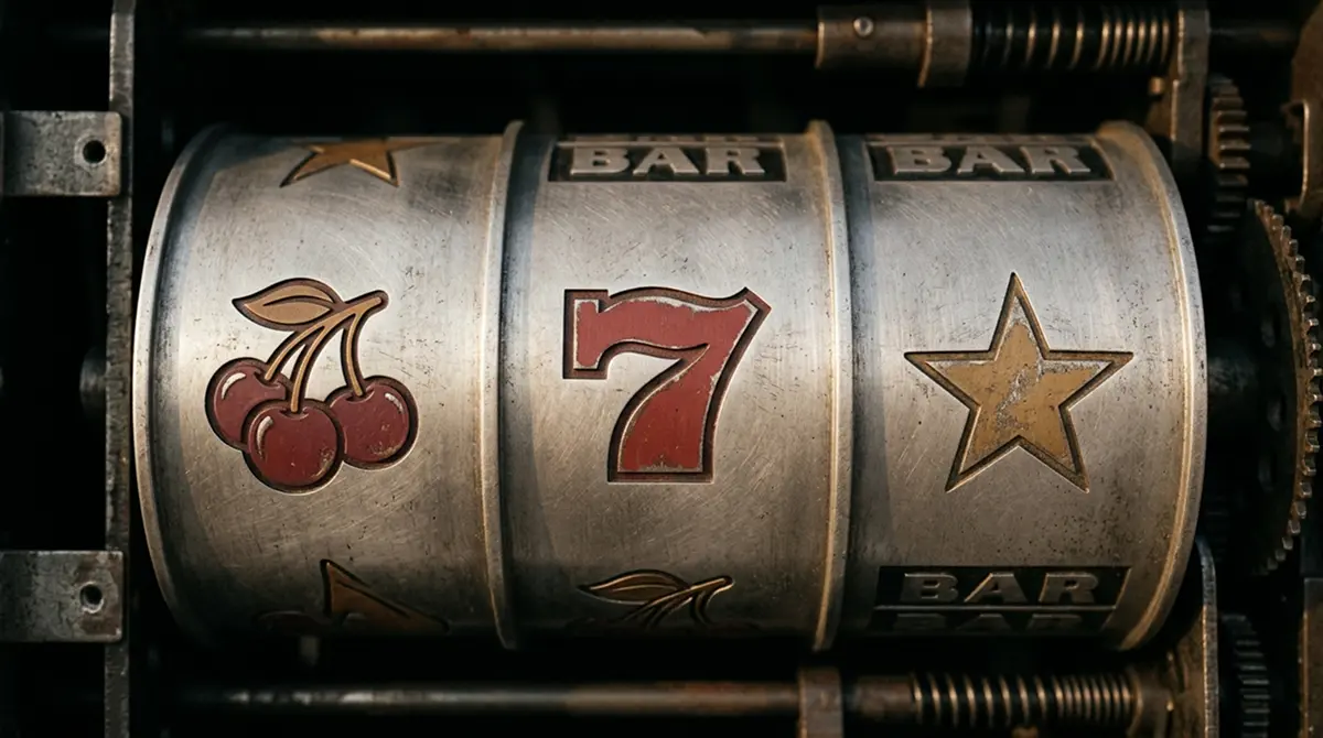 Detailaufnahme klassischer Slot-Symbole wie Kirschen, Siebenen und Sterne auf einer stilisierten Walzenoberfläche