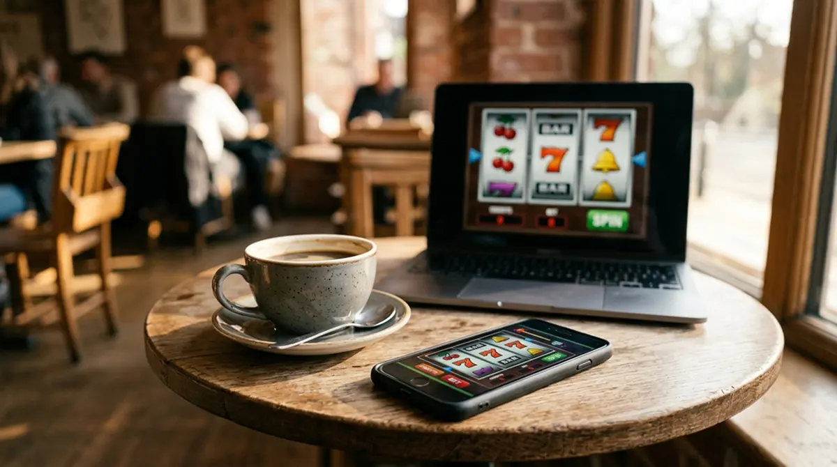 Smartphone-Bildschirm mit einer geladenen Slot-Ansicht auf einem Cafetisch, im Hintergrund ein Laptop mit derselben Slot-Ansicht