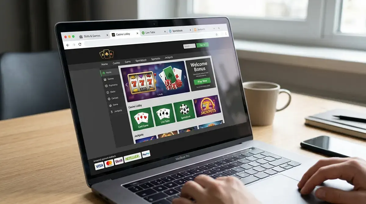 Laptop mit mehreren Casino-Logos auf dem Bildschirm und Zahlungsmethoden-Icons