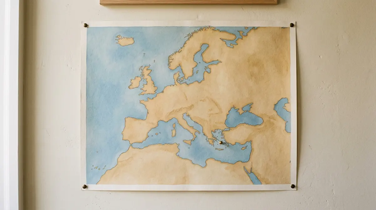 Wandkarte Europas als stilisierte Darstellung mit hervorgehobenen Regionen für Malta, Curaçao und Isle of Man