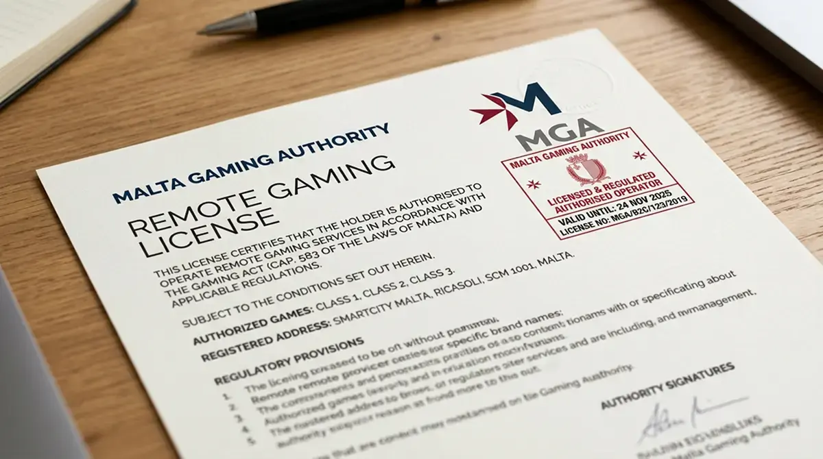 Offizielles Dokument mit Malta Gaming Authority Siegel und Lizenzstempel