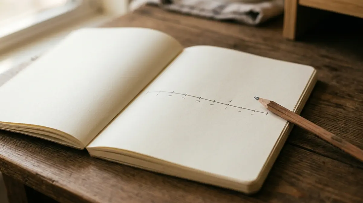 Notizbuch mit handschriftlich markierter Zeitleiste und Monatsangaben