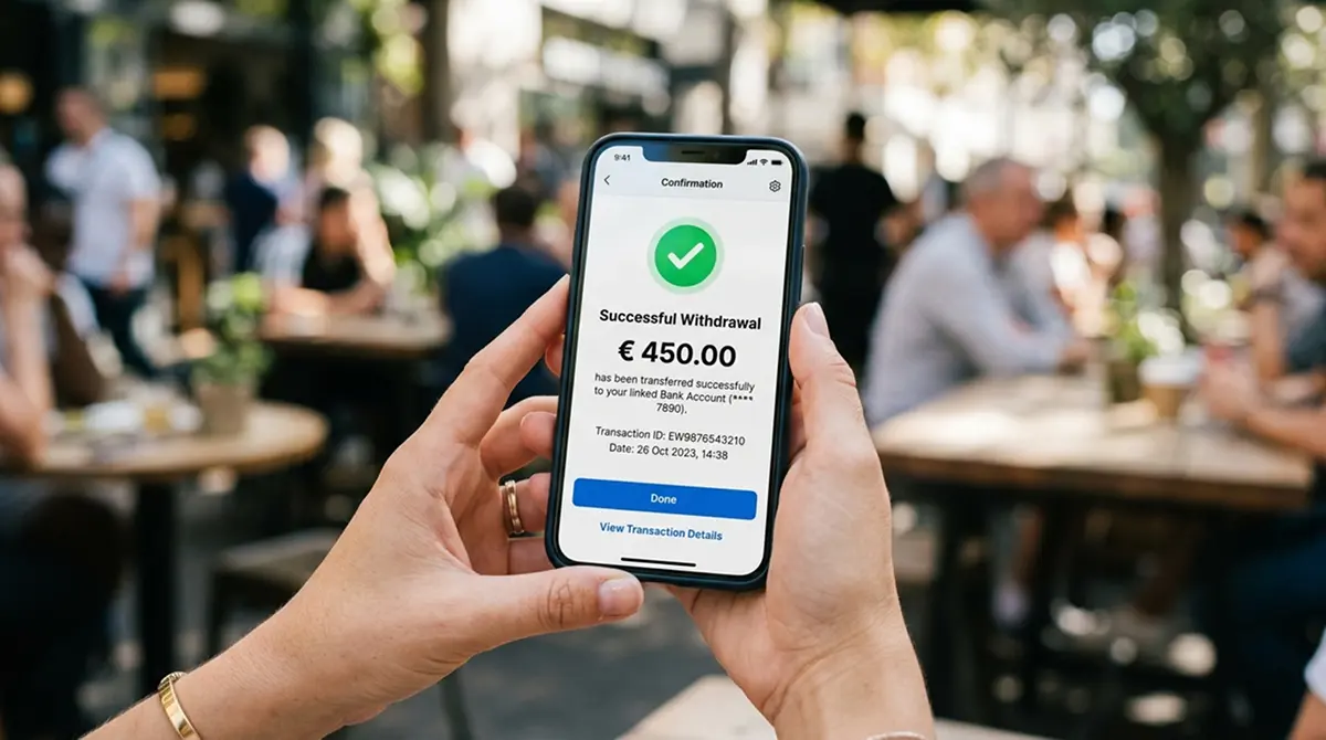 Smartphone mit E-Wallet-App und Auszahlungsbestätigung