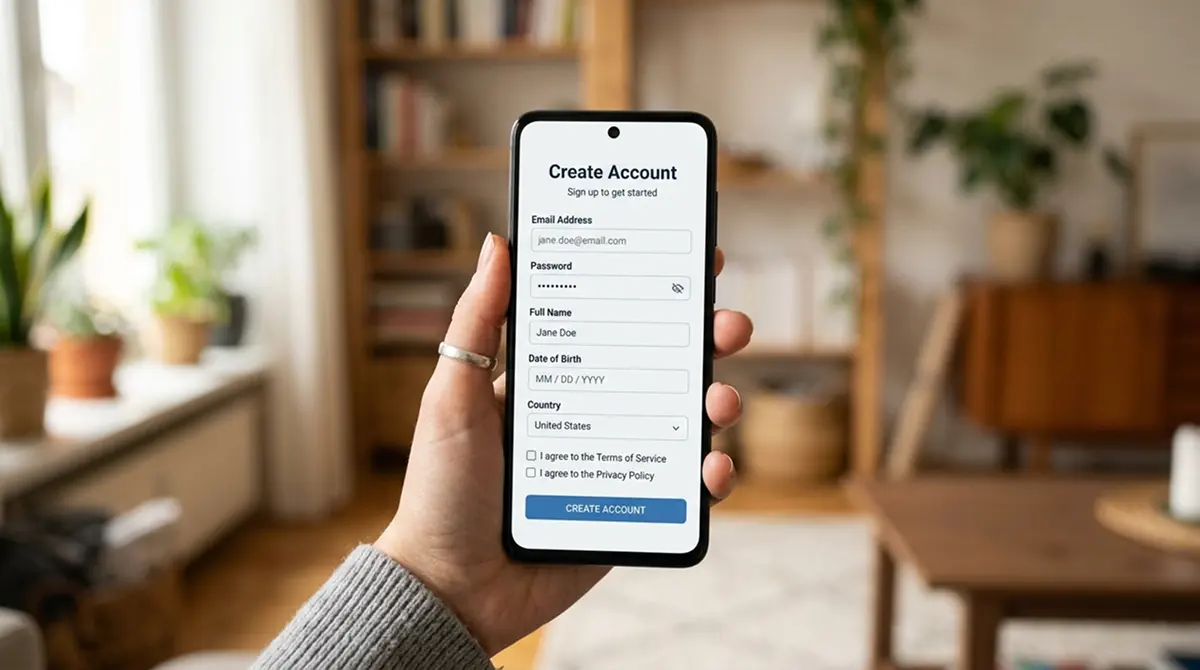 Hand hält Smartphone mit Registrierungsformular