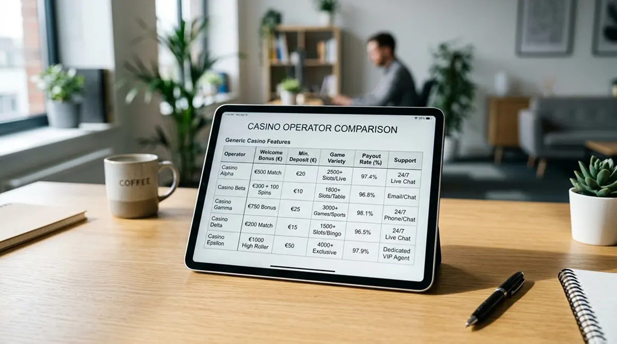 Vergleichstabelle auf Tablet-Bildschirm mit Casino-Optionen