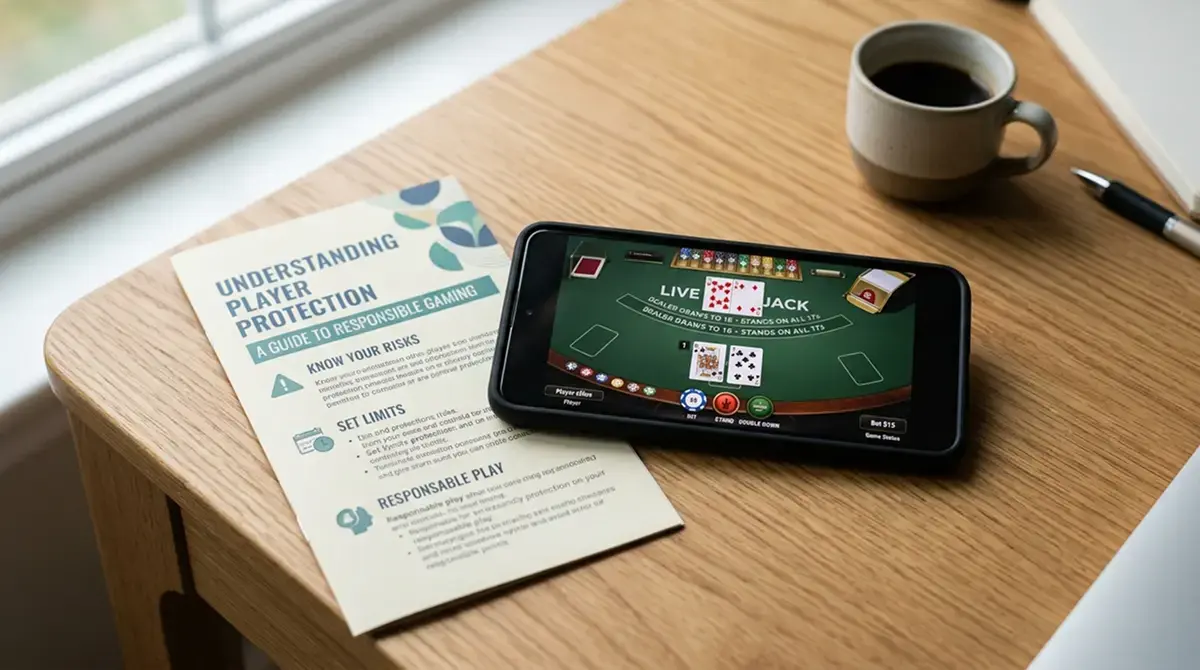 Smartphone mit Live Blackjack App auf Tisch neben OASIS-Informationsbroschüre