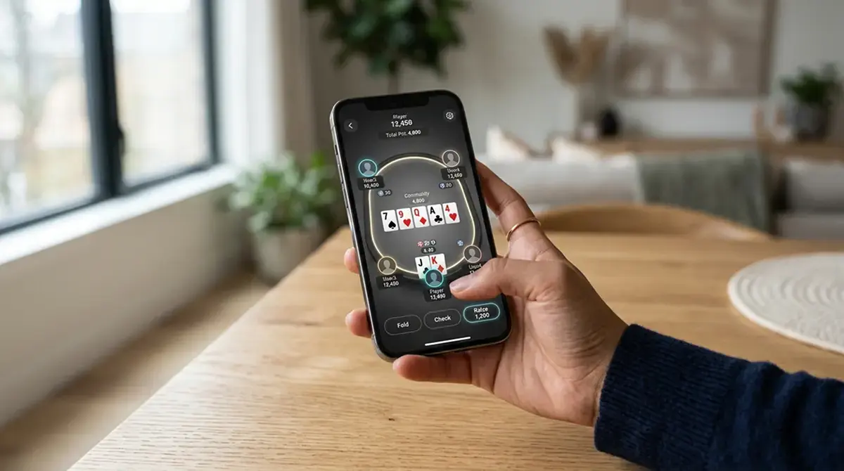 Smartphone in der Hand mit sauberer Poker-App-Oberfläche und ruhigem Hintergrund