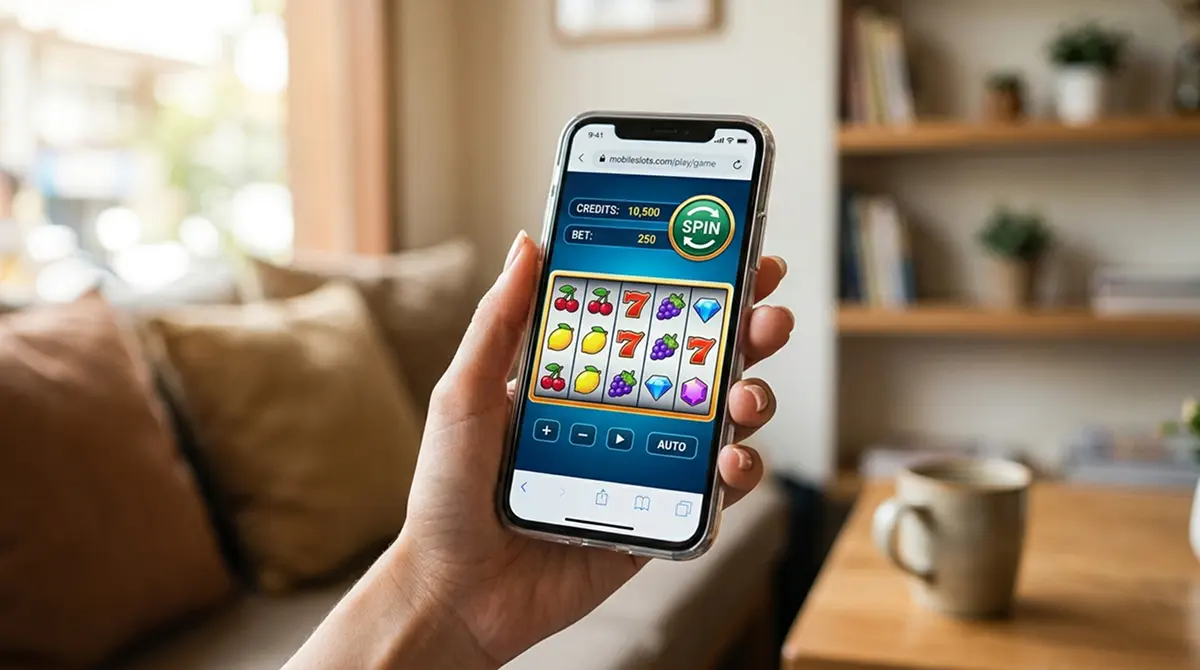Smartphone in Hand mit mobilem Slot-Interface und responsiver Ansicht