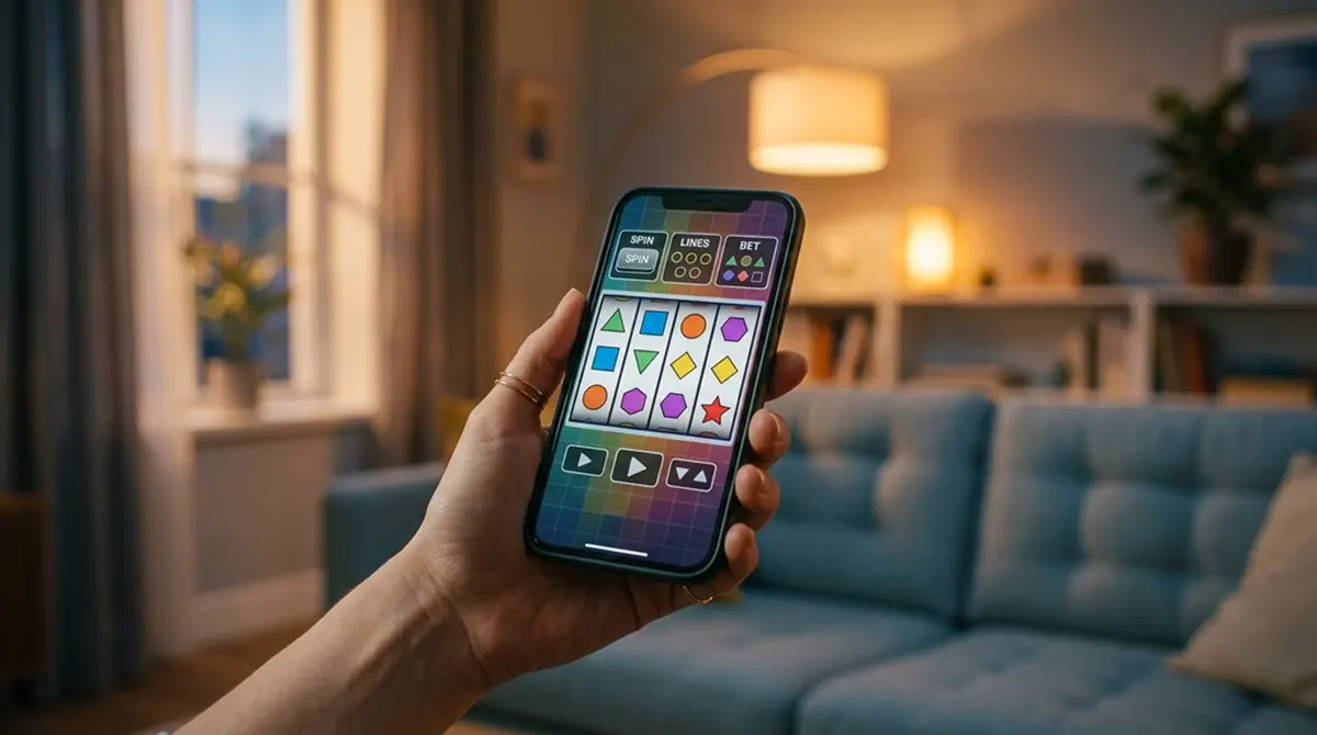 Hand hält Smartphone mit laufendem Spielautomaten im Hochformat