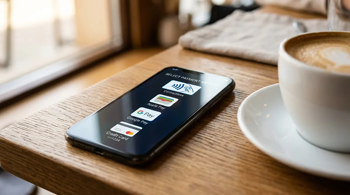 Smartphone-Bildschirm mit Google Pay und Apple Pay Symbolen neben einer Kaffeetasse