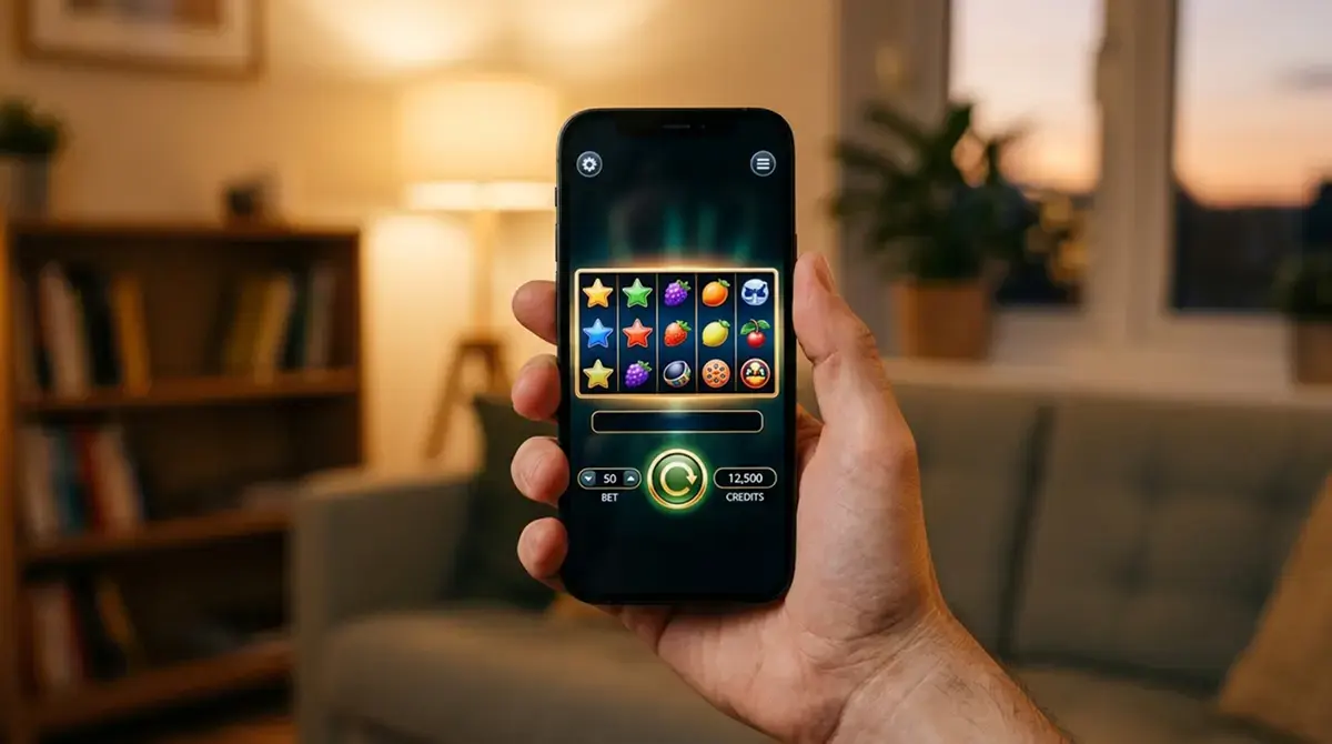 Hand hält ein Smartphone mit neutraler Spieloberfläche im Wohnzimmer
