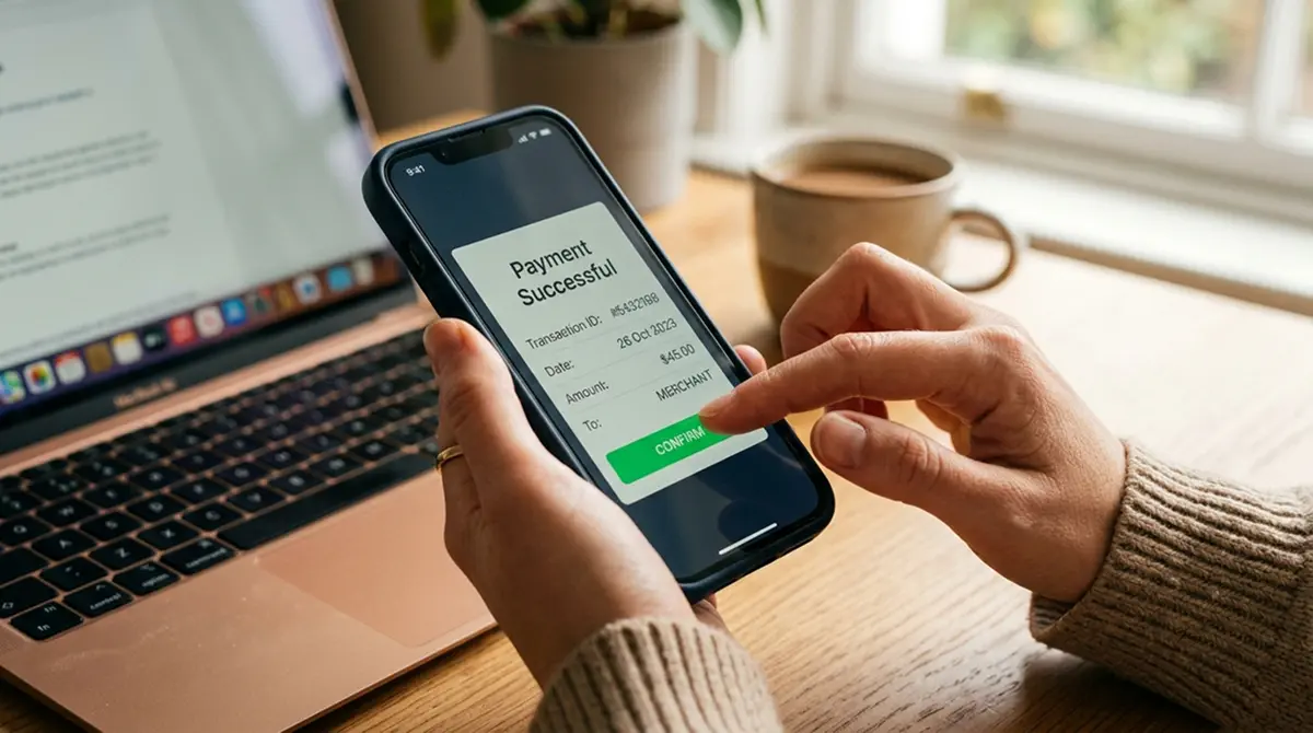 Hände tippen auf Smartphone-Display, um eine Einzahlung im Online Casino mit MuchBetter zu bestätigen