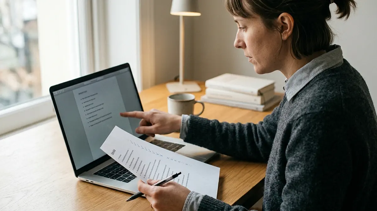Person prüft am Laptop eine offizielle Registerliste gegen ein Prüfblatt mit Notizen