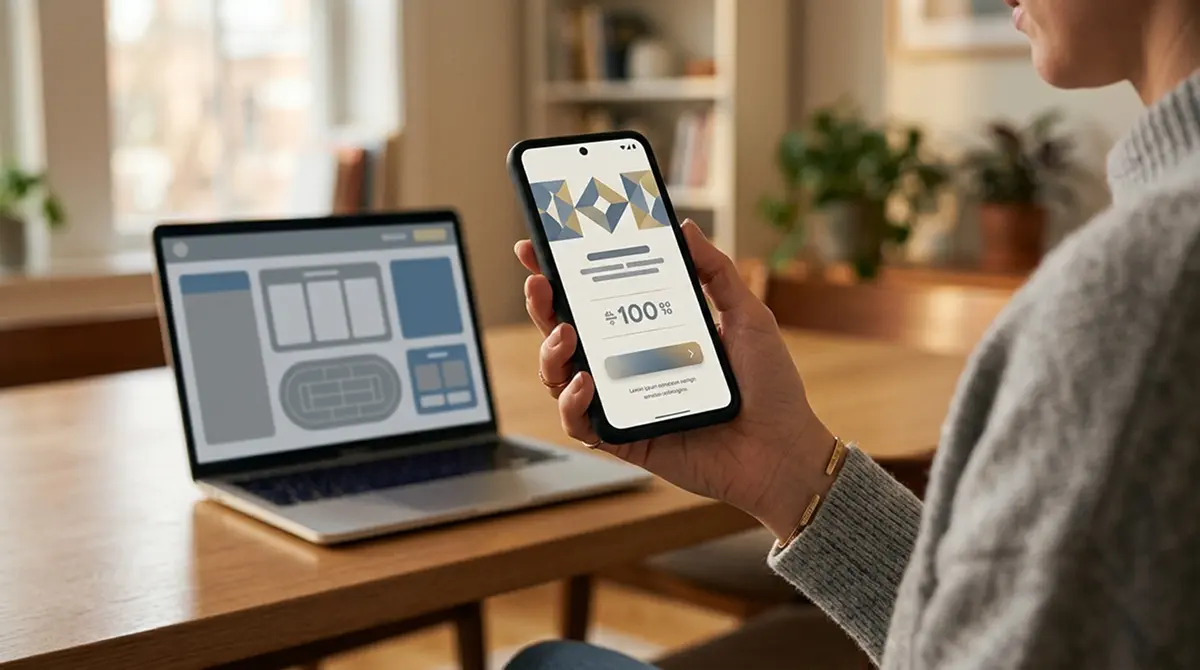 Smartphone in der Hand mit Casino-Bonus-Aktivierungs-Bildschirm im ruhigen Homeoffice