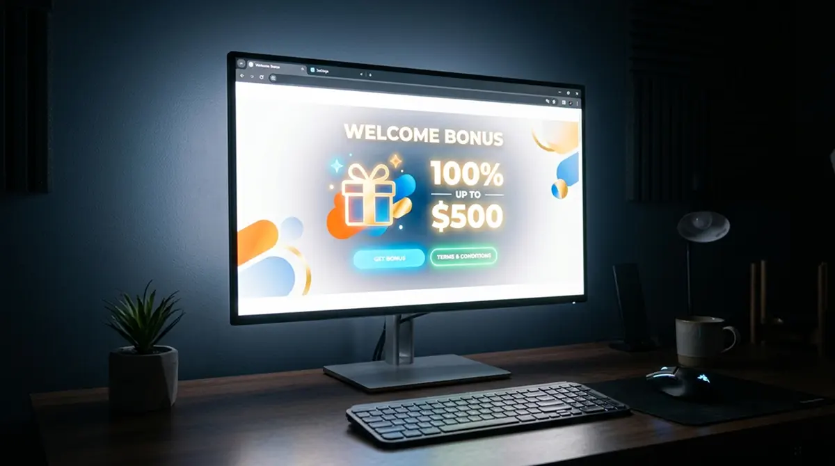 Nahaufnahme einer Online-Casino-Webseite mit Willkommensbonus und 50 Freispielen