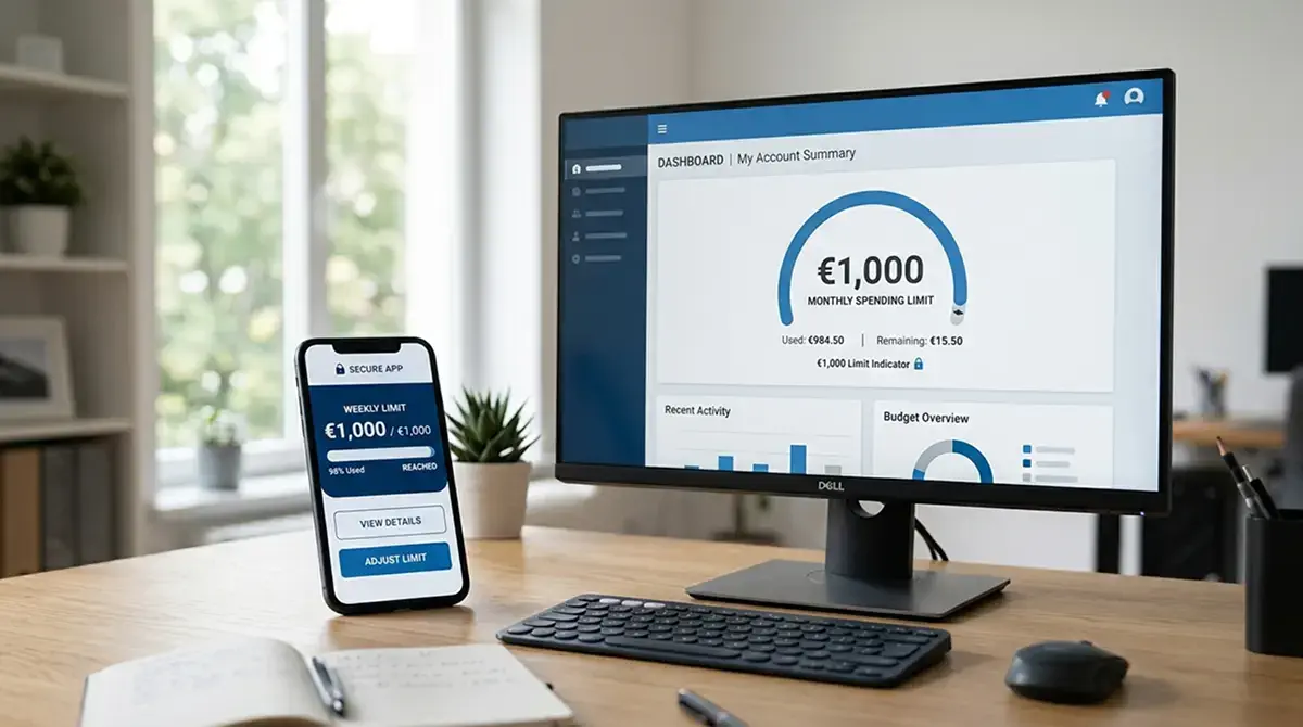Smartphone zeigt OASIS-Sperre und 1000-Euro-Limit auf Monitor-Display