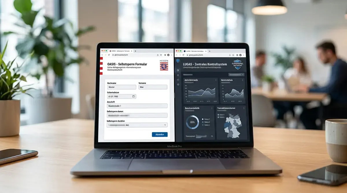 Laptop zeigt OASIS-Selbstsperr-Formular und LUGAS-Dashboard nebeneinander