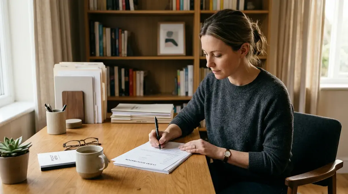 Ruhige Person am Schreibtisch mit Notizbuch und Stift, Formulare auf dem Tisch, kein Bildschirm mit Spielinhalten, warmes indirektes Licht