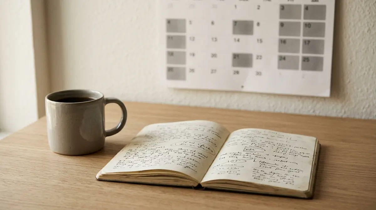 Nachdenklich wirkender Schreibtisch mit einer geöffneten Notiz und einem Kalender mit markierten Wochen
