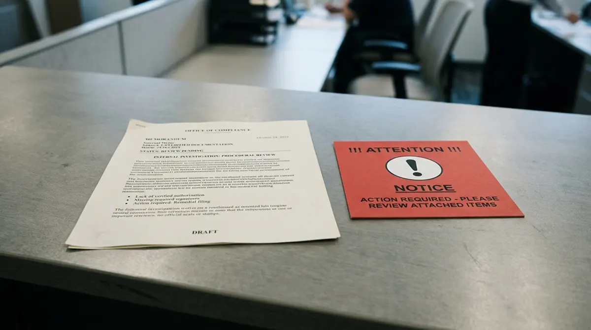 Warnsignal und Dokument ohne amtlichen Stempel — Symbol für unlizenzierte Anbieter