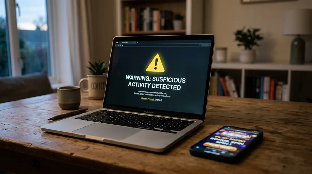 Warnschild-Symbol auf einem Laptop-Bildschirm neben einem Smartphone mit unscharfer Casino-Werbung