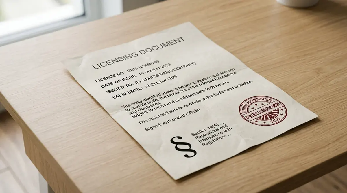 Neutrales Lizenzdokument ohne Wappen, gestempelt mit generischem Siegel, daneben symbolisches Paragraphenzeichen