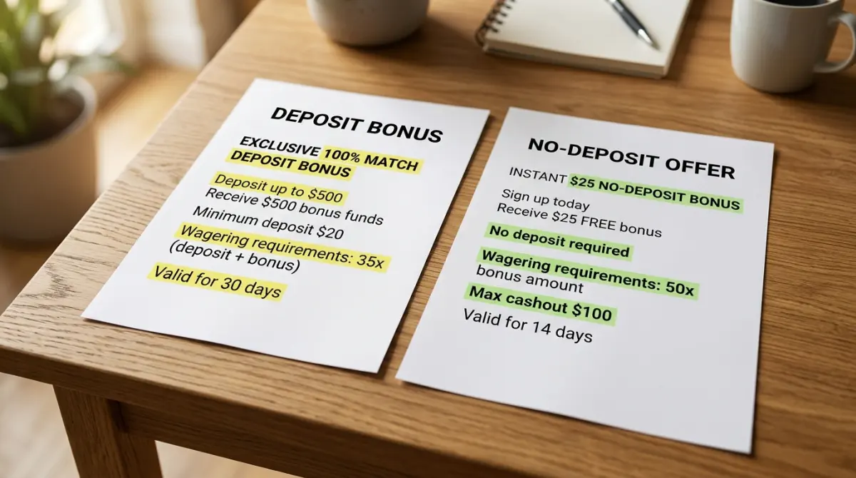 Zwei Dokumente nebeneinander: Einzahlungsbonus links, No-Deposit-Angebot rechts