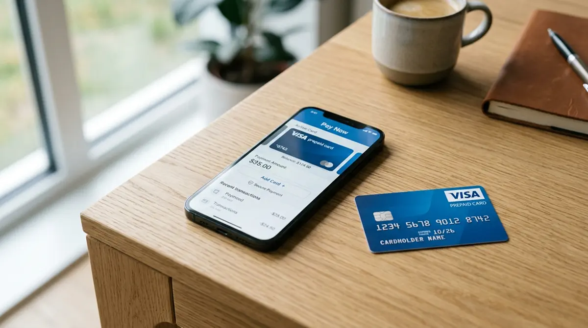 Smartphone mit OKTO-Wallet-App und VISA-Prepaidkarte auf einem Schreibtisch